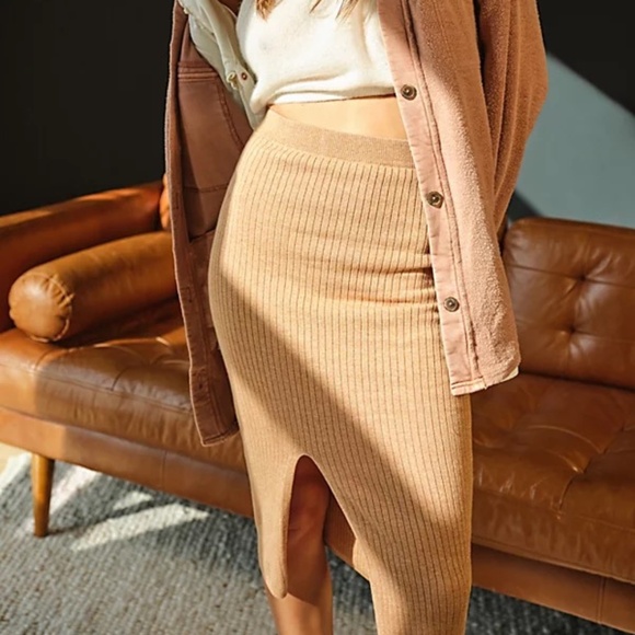 Free People Skyline Tan Ribbed Midi Skirt | Size XS - Picture 2 of 10